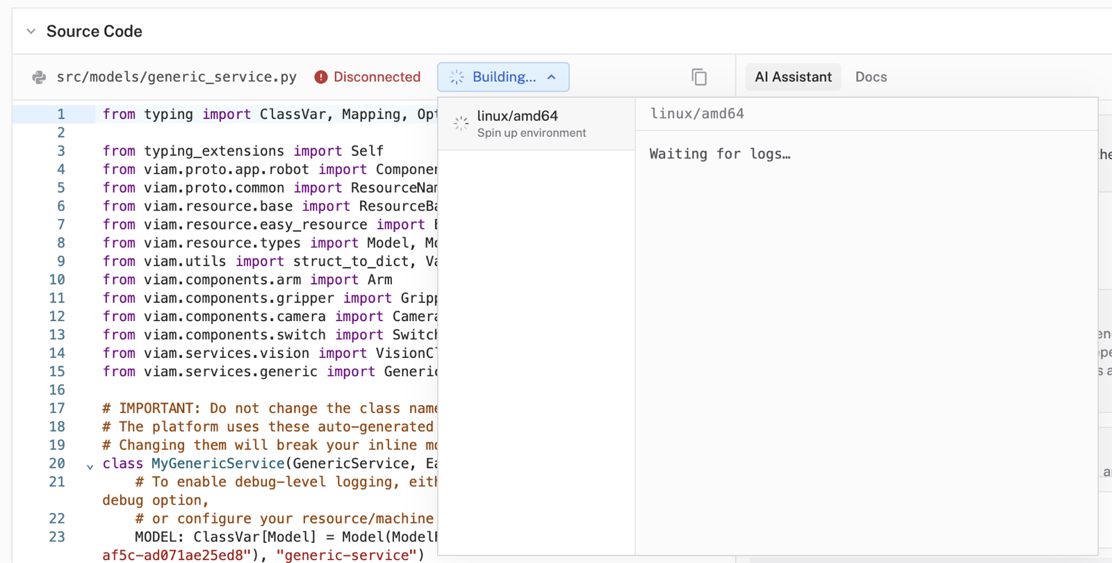 The LOGS tab showing the inline module cloud build.